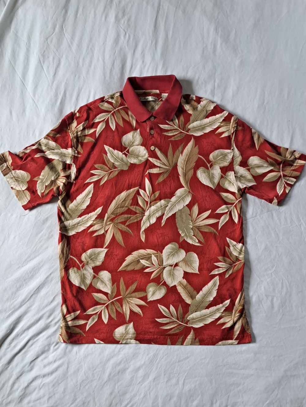 ​Batik Bay Men's Red & Tan Tropical Leaf Hawaiian Print Polo Shirt Size L Cotton